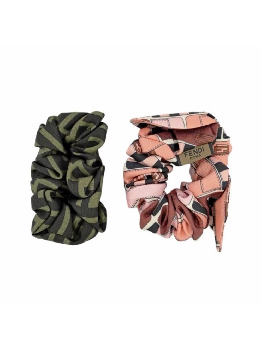 NWT Fendi Silk Zucca Ribbon Motif Hair Scrunchies Brown Pink